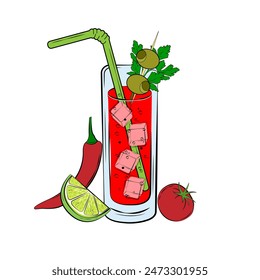 Bloody Mary cocktail in glass highball hand drawn vector illustration for January 1st. Alcohol drink ice cubes tomatoes lemon peppers olives celery branch ice cubes for bar restaurant menu festival 