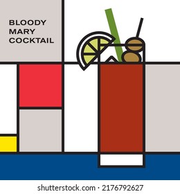 Bloody Mary Cocktail in Highball glass, garnished with celery stalk, olive stick and lime slice, served with ice cubes. Modern style art with rectangular color blocks. Piet Mondrian style pattern.