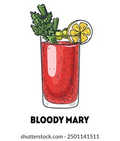 Bloody mary cocktail illustration. Hand drawn sketch. Vector illustration. Isolated object.