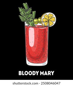 Bloody mary cocktail illustration. Hand drawn sketch. Vector illustration. Isolated object.