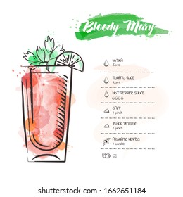 Bloody Mary. Cocktail infographic set. Vector illustration. Colorful watercolor background