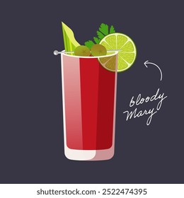 Bloody Mary cocktail isolated on black background. Vector illustration of classical alcohol drink