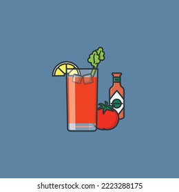 Bloody Mary cocktail with lemon piece and celery stalk, tomato and bottle of hot sauce for Bloody Mary Day on January 1 vector illustration