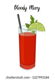 Bloody Mary cocktail, with lime decorations, parsley and straw. For cafe and restaurant menu, packaging and advertisement. Hand drawn. Isolated image. Vector illustration.