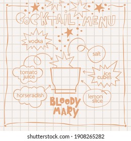 Bloody Mary Cocktail. Cocktail menu. Alcoholic cold drinks. Recipe. Lettering, arrows, dialog clouds. Stars and dots, blots. Gray checkered background. Isolated vector objects. Cartoon glass. 