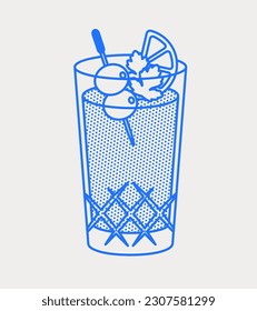 Bloody Mary cocktail with olives, lemon wedges, and parsley leaves. Line art, retro. Vector illustration for bars, cafes, and restaurants.