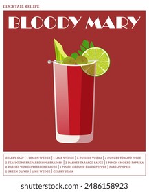 Bloody mary cocktail on the red background. Vector illustration of refreshing drink. Alcoholic cocktail recipe poster