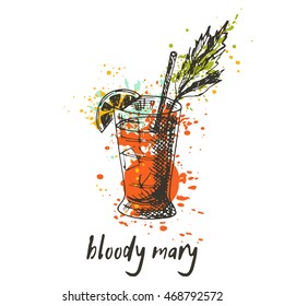 Bloody mary cocktail on the watercolor splash. Hand drawn vector illustration. Can be used for menu, cafe, restaurant or bar.