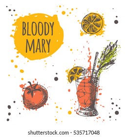 Bloody mary cocktail on the watercolor splash. Hand drawn vector illustration. Can be used for menu, bar, cafe, restaurant, poster, banner, sticker, placard and other.