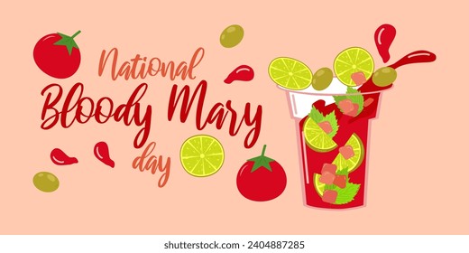 Bloody Mary Cocktail party banner layout template. Lime tomato and olive. Menu design. Consept holiday. Vector illustration.