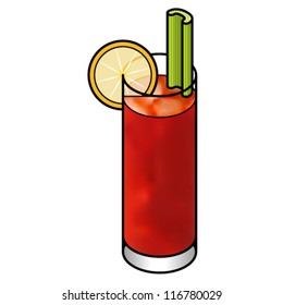 A bloody mary cocktail with a slice of lemon and a stick of celery.