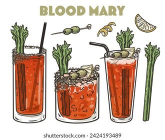 Bloody Mary cocktail vector set with celery, olive and lemon for cocktail bar or drink summer party. Red bloody cocktail with vodka for beach bar and cafe menu.