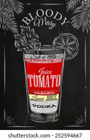 Bloody mary cocktail in vintage style drawing with chalk on blackboard