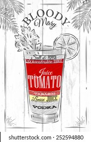 Bloody mary cocktail in vintage style drawing on wooden boards