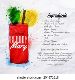 Bloody mary cocktails drawn watercolor blots and stains with a spray, including recipes and ingredients on the background of crumpled paper