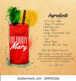 Bloody mary cocktails drawn watercolor blots and stains with a spray, including recipes and ingredients on the background of kraft