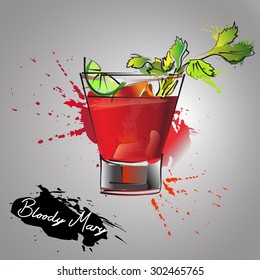 Bloody mary cocktails drawn watercolor blots and stains with a spray,