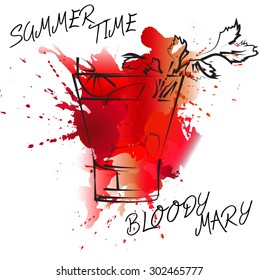 Bloody mary cocktails drawn watercolor blots and stains with a spray,