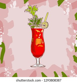 Bloody Mary coctail glass, sketch style vector illustration isolated.