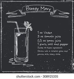 Bloody Mary. Hand drawn illustration of cocktail, including recipes and ingredients. Vector collection.