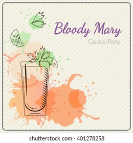 Bloody Mary. Hand drawn vector illustration of cocktail. Colorful watercolor background