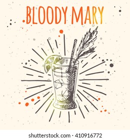 Bloody mary. Hand drawn vector illustration. Freehand drink card for cafe, restaurant or bar. Can be used for menu, background, poster, banner, badge, emblem, sticker, placard and other design.