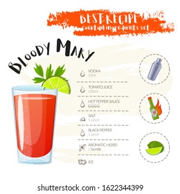 Bloody Mary. Image of a cocktail and a set of ingredients for making a drink at the bar. Cartoon style. Vector illustration