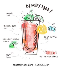 Bloody Mary. Image of a cocktail and a set of ingredients for making a drink at the bar. Watercolor sketch on a white background. Vector illustration