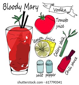 Bloody Mary ingredients. Colored graphic hand drawn vector illustration