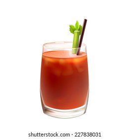 Bloody mary realistic cocktail in glass with celery stick and drinking straw isolated on white background vector illustration