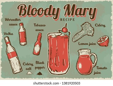 Bloody Mary recipe. Retro Bloody Mary drink poster. Vector illustration.