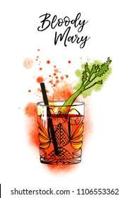 Bloody Mary. Watercolor illustration of cocktail. Hand drawn sketch