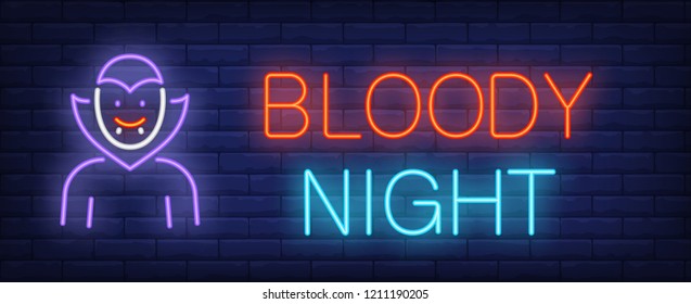 Bloody night neon text with Dracula. Halloween party invitation advertisement design. Night bright neon sign, colorful billboard, light banner. Vector illustration in neon style.