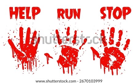Bloody palm prints vector set with red handprints and text overlays 'help', 'run', and 'stop', perfect for use in horror, crime scene, and scary halloween themed designs