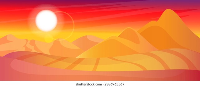 Bloody red Sahara desert panoramic view sunset and sunrise, outdoor scenic landscape, arabic sand dune. Summer vacation travel, holiday resort. Yellow and orange color horizon. Vector illustration