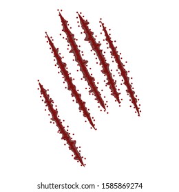 Bloody scratch with splatter. Trace from five claws isolated on a white background. Vector illustration for stickers, posters, halloween decor.