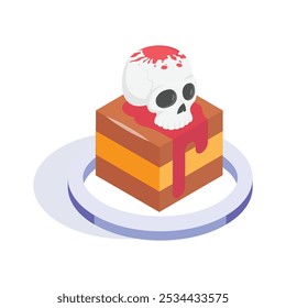 A bloody skull resting on a Halloween themed cake block