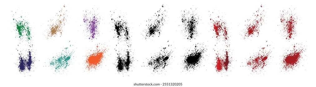 Bloody splatter hand-drawn vector splatter red blood, orange, green, purple, wheat, and black color paint ink isolated background set