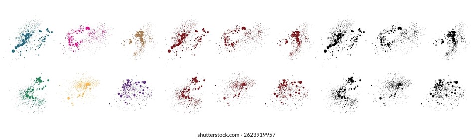 Bloody splatter hand-drawn vector red blood, purple, wheat, green, blue, pink, orange, and black grunge texture paint ink isolated background set