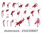 Bloody splatter spot and bleeding red paint set. realistic red blood ink splat background collection. Blood splatter isolated background set