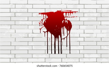 Bloody stain, puddle, drop and blobs on a white brick wall. Realistic bloody splatters. Isolated. Vector illustration.  Stained masonry.