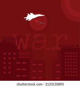 bloody war with fighter plane launching a missile against broken buildings red with war horror scenery