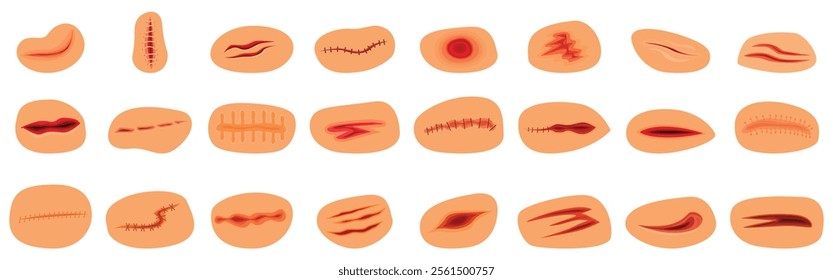 Bloody wounds icons set. Set of various wounds, illustrating different levels of skin damage, including cuts, scratches, and stitched areas