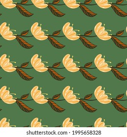 Bloom abstract nature seamless pattern with beige decorative tulip flowers shapes. Green background. Great for fabric design, textile print, wrapping, cover. Vector illustration.