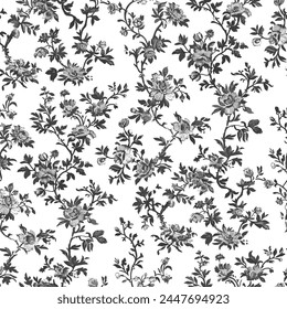 Bloom, Blossom, Bushes. Hand Drawn Pattern With Vintage Kitchen Toile de Jouy.
Featuring delicate florals, wildflowers, and romantic motifs of cozy kitchen. Vector Graphics.