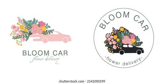 Bloom Car Logo. Flower Delivery For Florists. The Car Carries Flowers To Flower Shops