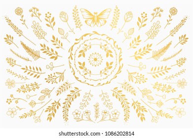 Bloom collection. Set of hand-drawn flowers, branches and leaves. Nice to combine among themselves and to create your own unique design.