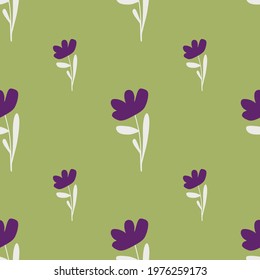 Bloom ditsy seamless pattern with flowers shapes in purple color. Green background. Nature backdrop. Graphic design for wrapping paper and fabric textures. Vector Illustration.