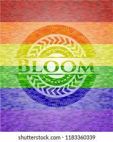 Bloom emblem on mosaic background with the colors of the LGBT flag