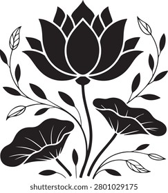 bloom featuring black silhouette of a lotus flower with leaves and branches.